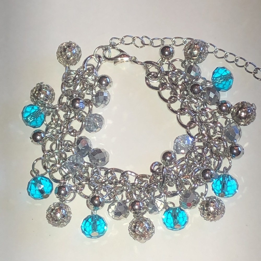 Layered Silver Tone Chain Bracelet with Blue Beaded Charms
